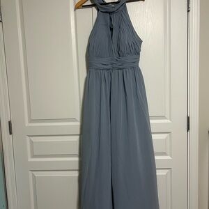 Azazie Camella Halter Pleated Maxi Dress in Dusty Blue